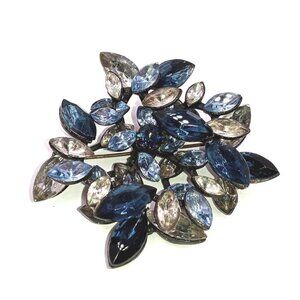 Deep Blue, Pale Blue and Clear Rhinestone Brooch